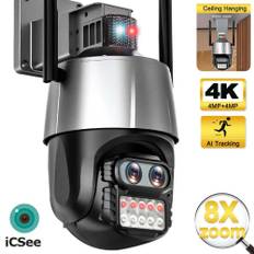 Ny 8MP WiFi IP-kamera 4K Dual Lens Säkerhetskamera Utomhus 4K Auto Tracking Siren Larm Videoövervakning P2P ICsee CCTV PTZ Alexa EU Plug svart