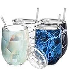 THILY Vinglas utan fot i rostfritt stål, 4-pack vakuumisolerade resevinglas med skjutlock och sugrör, 350 ml, håll kallt, för juice, kaffe, öl, marmorserie