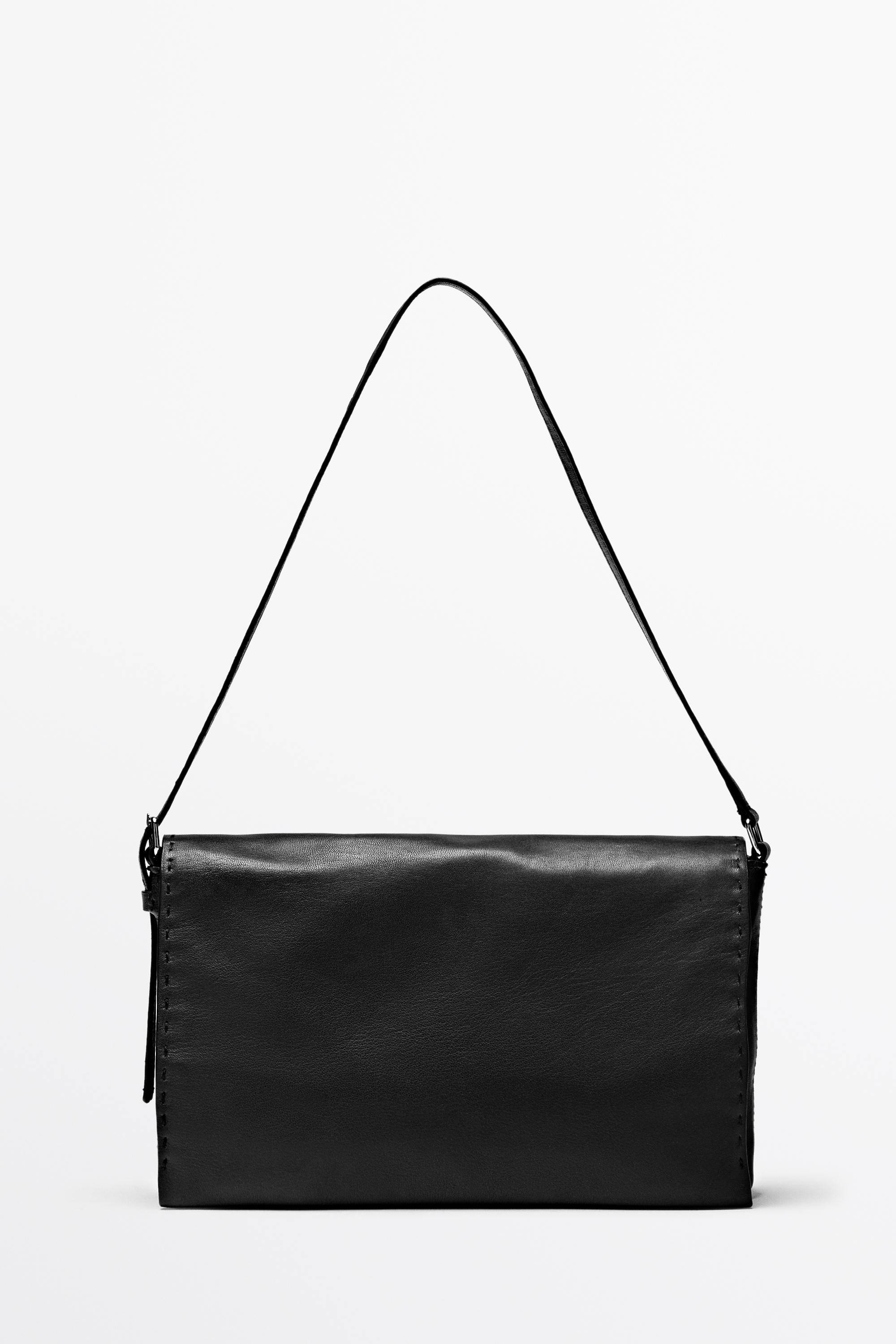 Massimo Dutti - Female - Skuldertaske I Nappalæder Med Stikninger - Sort - 01