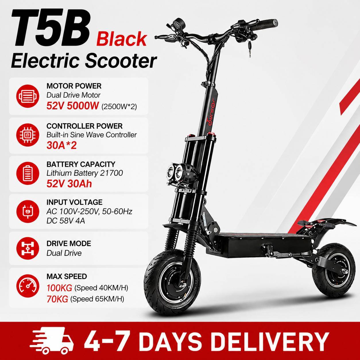 2026NY T5B Vuxen Terräng Elscooter 5000W Motor 52V 30Ah Batteri Maxhastighet 85KM/H för Stadskom