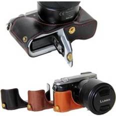 Klassiskt pu läder kameraväska halvfodral för panasonic lumix dmc -gx80 dmc -gx85 gx80 gx85 kamera halvkroppssats - Kaffe