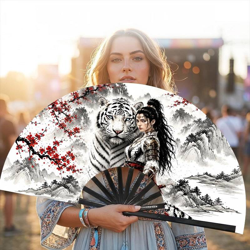 Style And White Tiger Print Foldable Hand Fan, 13-inch Plastic Black Fan Ribs Pack Handheld Fan, Elegant Accessory For Daily Cooling, Themed Parties, And Traditional Style Occasions