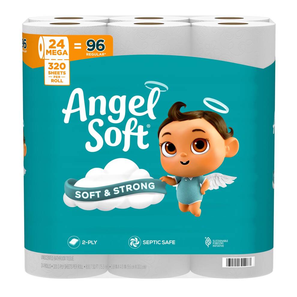 Angel Soft Toalettpapper, 24 Mega Rullar = 96 Vanliga Rullar, Mjuk och Stark