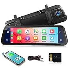 Spegel bilkamera med trådlös Apple Carplay Android bil Bluetooth, 9,66 tums HD IPS pekskärm kamera med frontkamera backkamera