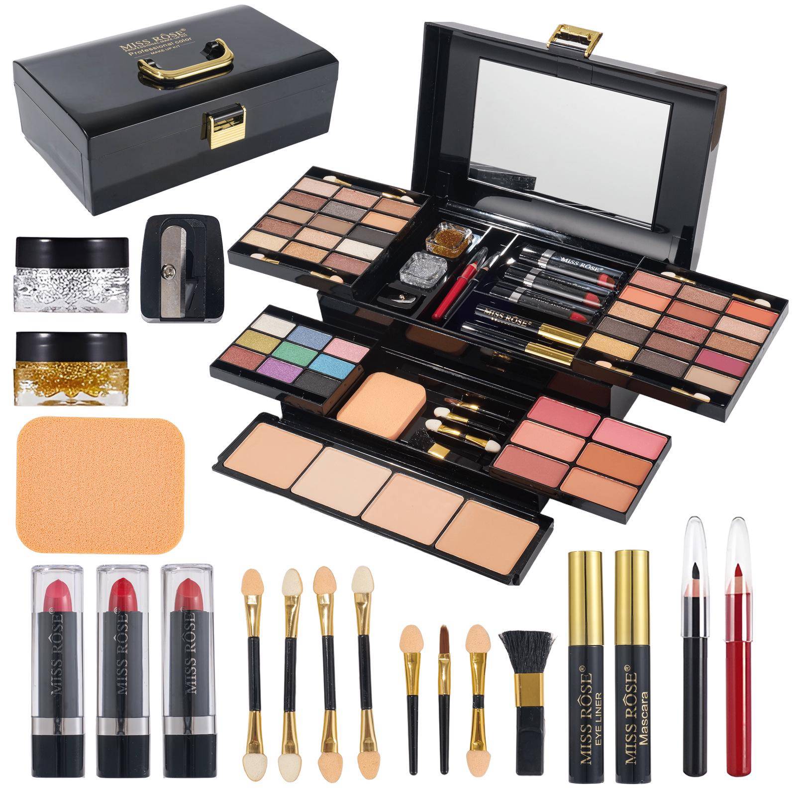 MISSROSE Ögonmakeup Palette Set: Innehåller Ögonskugga, Läppglans, Läppstift, Rouge, Highlightern och Puderkompakt. black