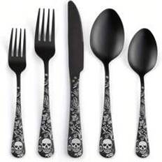 5/20/30pcs Gothic Design Cutlery Service For 4/6, Premium Stainless Steel Flatware Includes Spoon Fork And Knife, Cool Silverware With Skull&Rose Pattern, Mirror Polished, Nice Gift For Dark&Rock Lover/Halloween/Day Of The Dead/Cinco De Mayo/Birthday School Supplies,Back To School