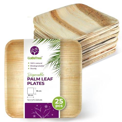 GoBeTree 25 Palmbladstallrikar 18x18 cm Engångstallrikar Förrätt. Eleganta Engångstallrikar för Förrätt, Tapas och Catering Fyrkantig liknande Bambu med Hög Stabilitet