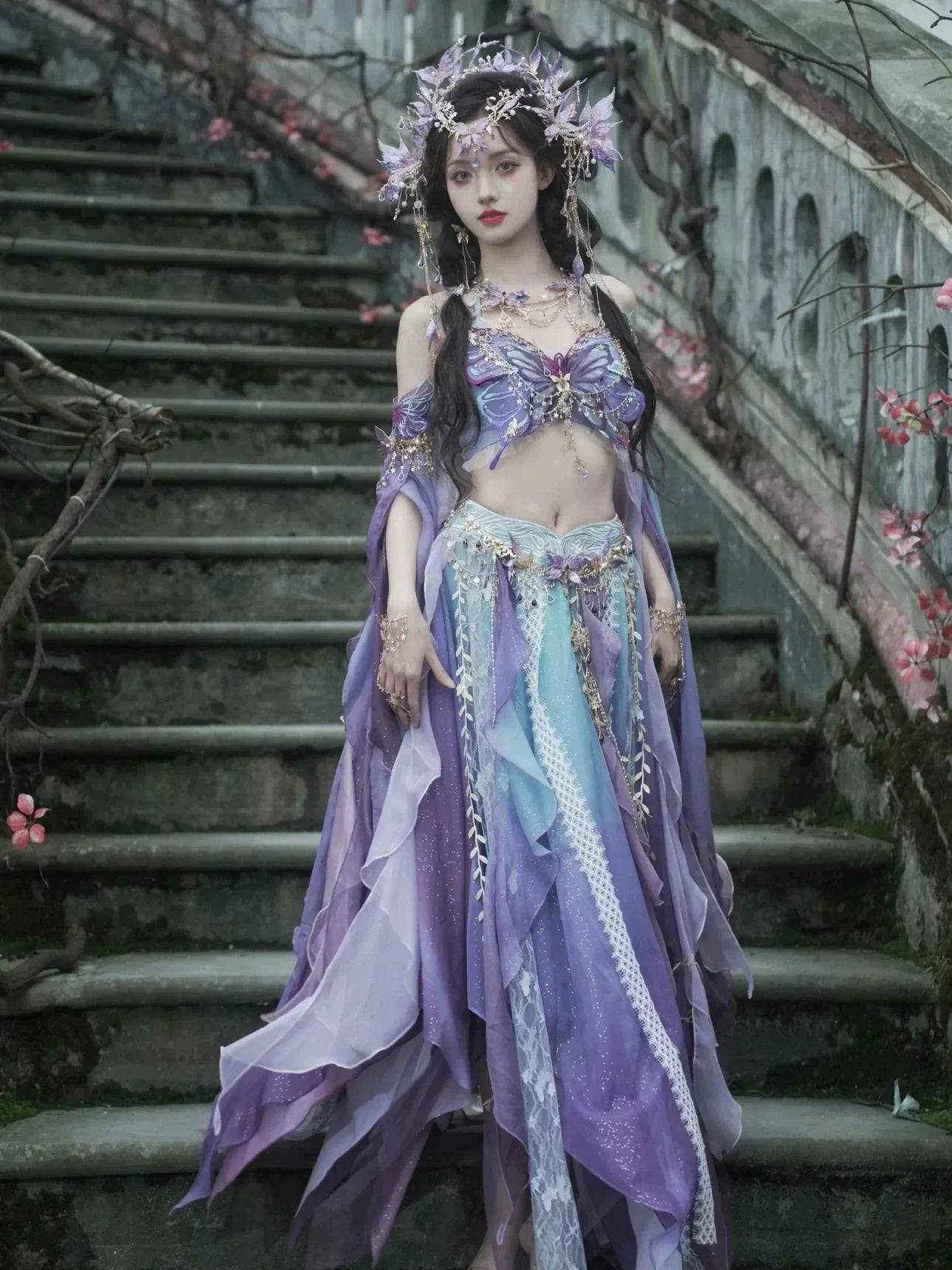 Butterfly Hanfu-Inspired Fantasy Costume Set – 6 Colors - Purple complete set – $157 / M (M)