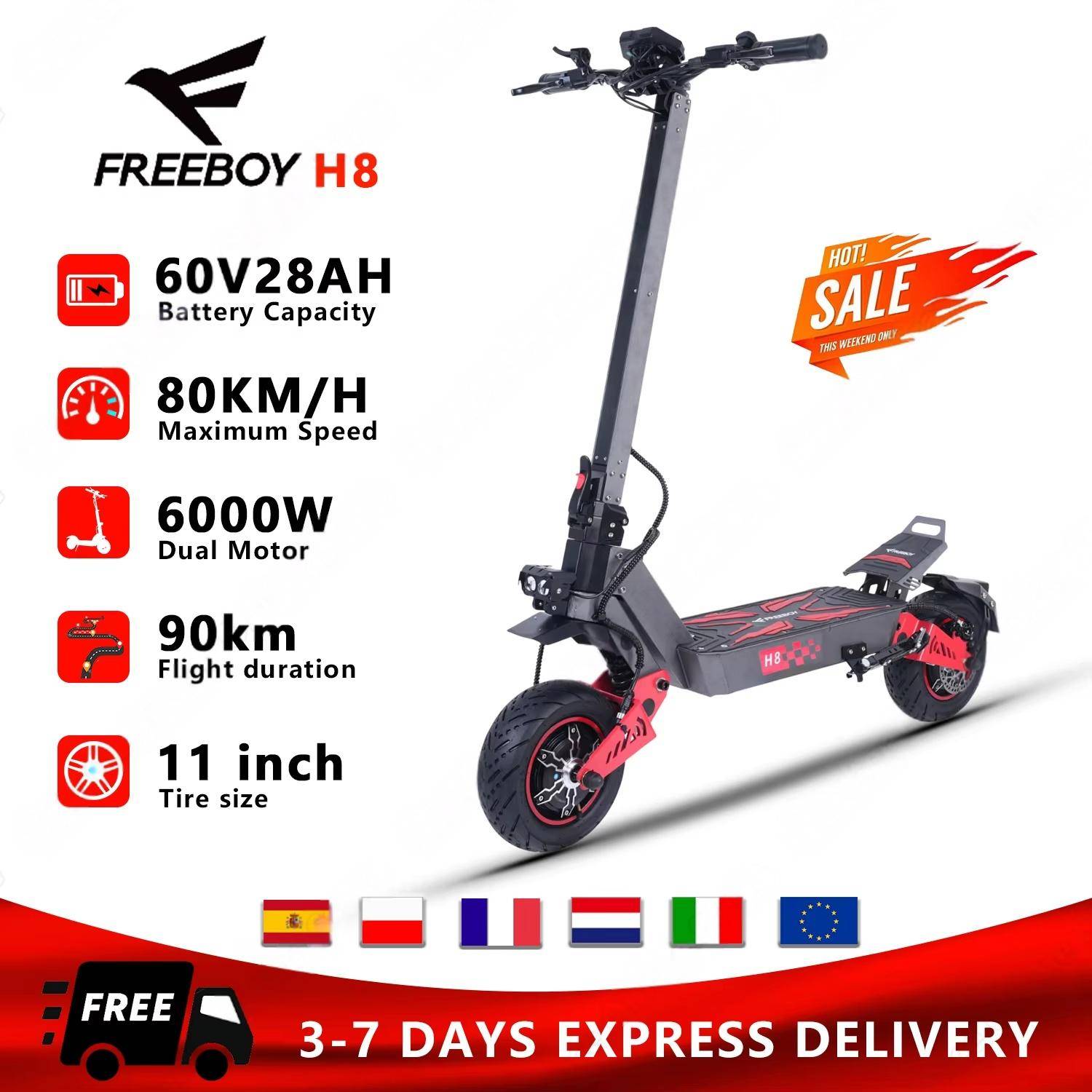 H8 Vikbar Bärbar Högeffekts Elsparkcykel 6000W Motor 60V28Ah Batteri Sportkryssning 11-tums Terrängdäck E-Scooter