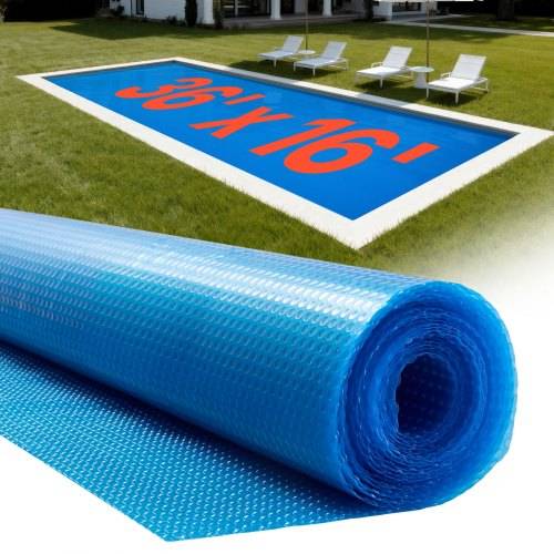 VEVOR Solar Pool Cover, 10.97 x 4.88m Rectangle Pool Bubble Cover, 12 Mil Pools Solar Blanket with Bubble & PE Material, Daytime Heat Absorption, Nighttime Heat Retention, Heat Retaining Solars Covers, Blue