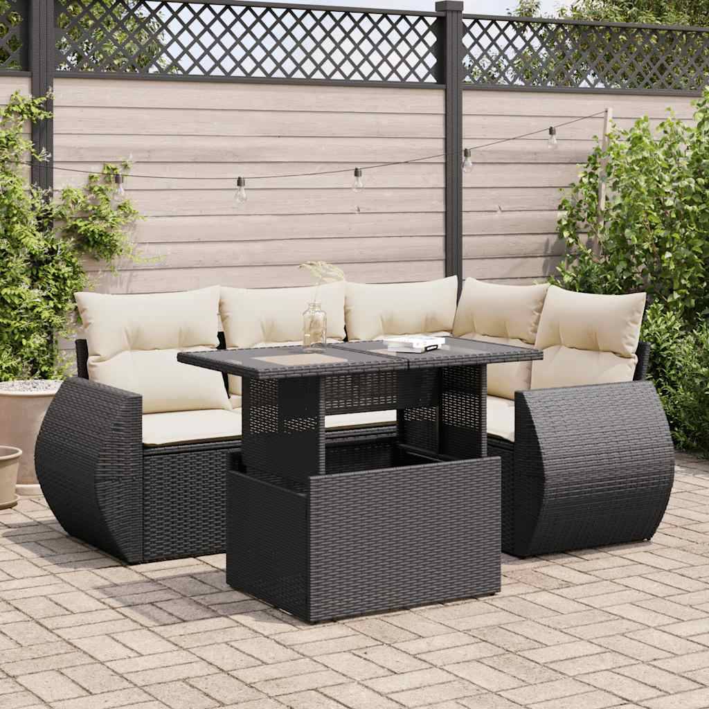 Sofasæt Til Haven 5 Dele Med Hynder Polyrattan - Sort og cremefarvet / med opbevaring