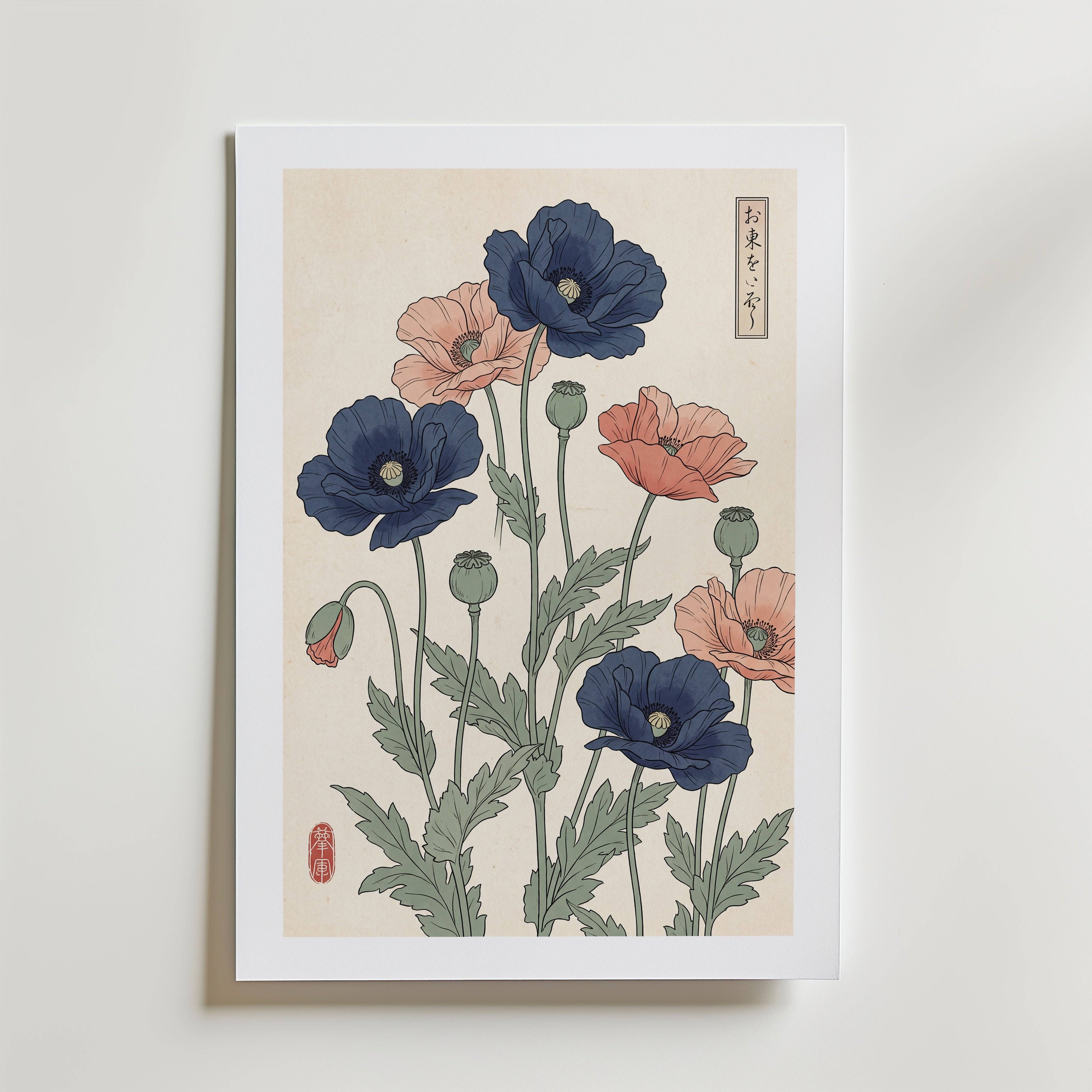 Indigo Poppies Poster - Premium Canvas 21x30 cm Med passepartout