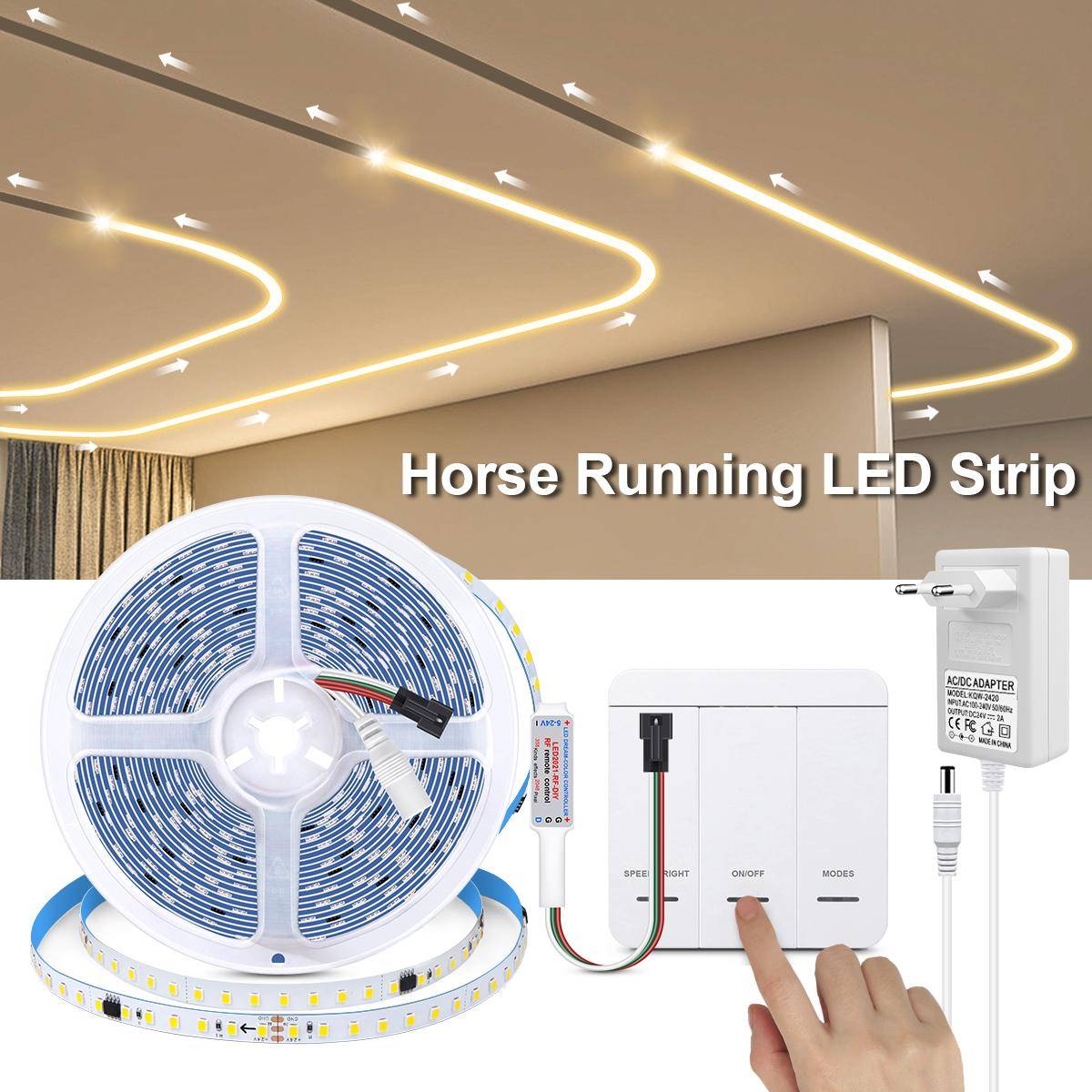 5m 10m/Rull Hästlöplopp LED Strip Light 24V 120Leds/M Rinnande vatten Flödande ljus Tejp med trådlös RF-kontrollomkopplare