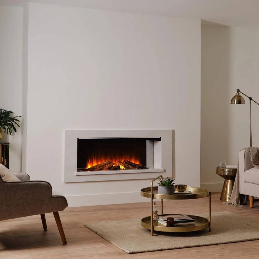 British Fires – Holbury 870 elektrisk pejseindsats | Hvid marmor finish, frontåbent design, op til 1,5 kW varmeeffekt