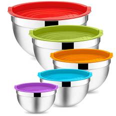 Onader blandningsskål, 5-delad salladsskål i rostfritt stål med lufttätt lock, perfekt för bakning/matlagning/tillredning, stapelbar och diskmaskinssäker, 4.6/2.8/1,6/1,2/0,7 l – färgglad