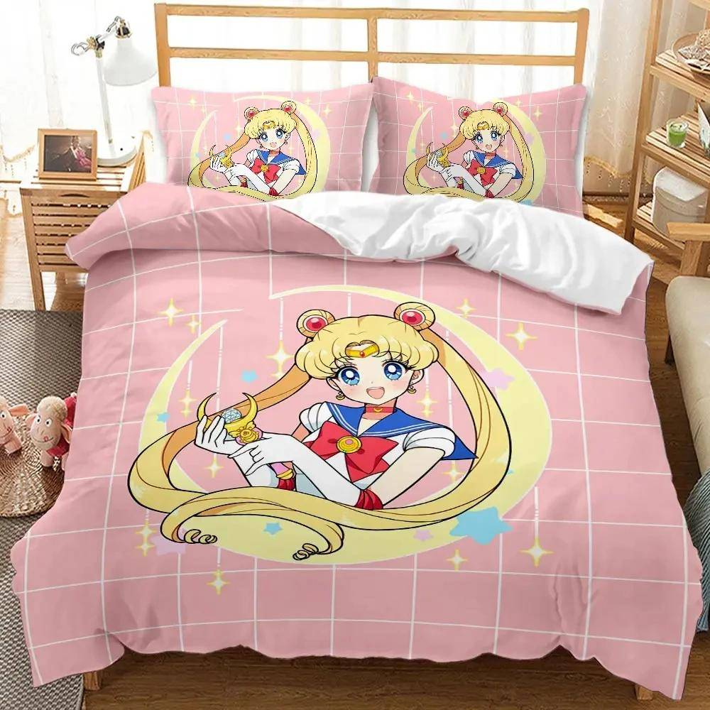 Kawaii Sailor Moon Bedding Set for Girls Luxury Duvet Cover Pink Comforter Twin Duvet Cover Set with Pillowcase Gifts EU single(135x200cm)