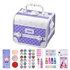 Kids Makeup Kit - Kids Makeup Kit Quality, Kids Makeup Kit Play | Pretend Play Makeup Toy Washable 43 Pieces, Play Real Makeup Girls Toys with Handle Purple, Princess Train Case Makeup Set for Kids