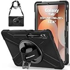 BRAECN Samsung Galaxy Tab S10+/S9 FE+/S9+/S8+/S7 FE/S7+ fodral 12,4 tum, kraftigt stötsäkert robust skydd med 360° roterande handrem och kickstand, axelrem, svart