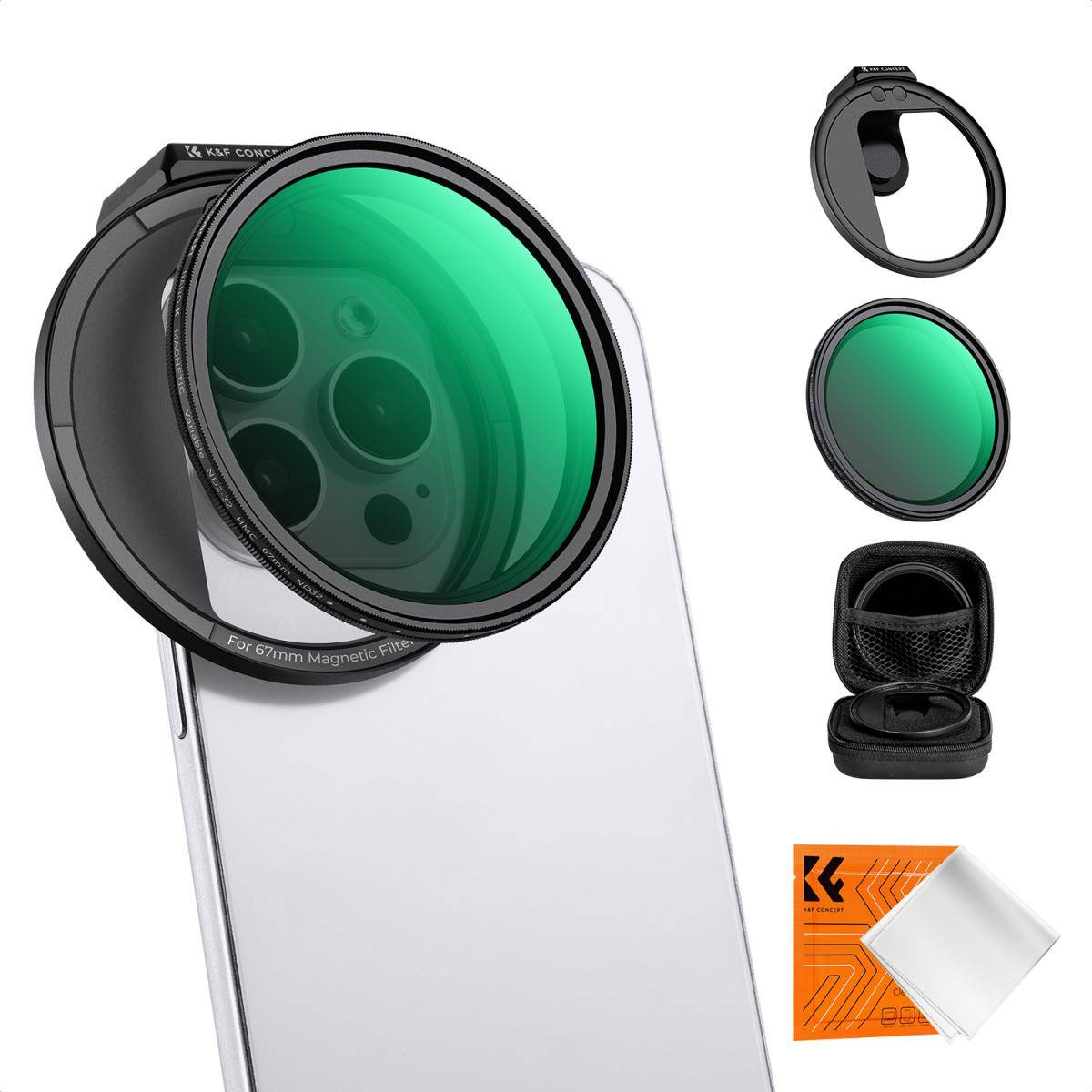 KENTFAITH Clip On 67mm Variable ND2-32 Magnetic Phone Lens Filter Kit, Phone Clip with Magnetic Adapter Ring / Cold Shoe / Locking Knob, Compatible models: iPhone 15 series/14 series/13 series/12 series/11 series and other iPhone phones, Galaxy S22 S23 Ultra