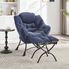 Lazy Chair med fotpall, Modern lounge-accentfåtölj med armstöd och sidoficka, Fritidsklädd soffa, läsfåtölj med fotstöd för litet utrymme, hörnfåtölj - Marinblå