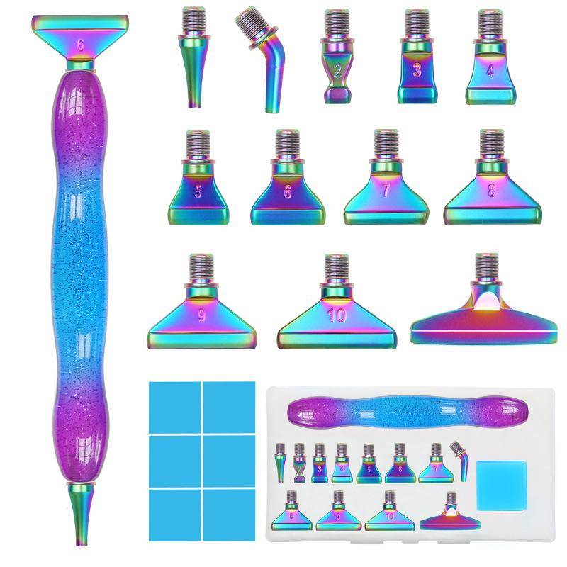 Glittergradient Harts Diamantmålning Pennkit med 12 Utbytbara Metallspetsar 6 Vaxblock och Tydligt Förvaringsfodral för 5D Diamantmålning blue