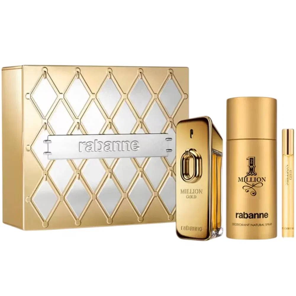 Set Paco Rabanne : Million Gold, Eau De Parfum, Per Uomo, 100 ml + Million Gold, Eau De Parfum, Per Uomo, 10 ml + 1 Million, Anti-Traspirante, Deodora
