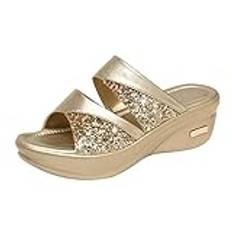 Bekväma sandaler damtofflor, funky damtofflor, fiskmun, sandaletter, damer, kilsandaler, badtofflor, mode, kilsandaletter, damer, sommarskor, fritidssandaler för kvinnor, Guld, 40 EU