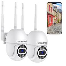Topodome 1080P Wi-Fi-kamera utomhus 2-kit, mänsklig detektering, WiFi inomhus övervakningskamera, PTZ 360 grader automatisk tackning, 20 m infraröd nattsyn, dubbelriktat ljud