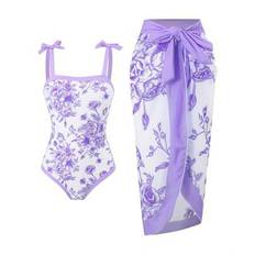 2st set flickor sött porslinsmönster baddräkt och chiffong lång täckkjol - Violet (8Y,9Y,10Y,11Y,12Y)