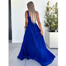 Royal Blue Dress V-Neck Pleated Empire Waist High Slit Prom Maxi Dresses