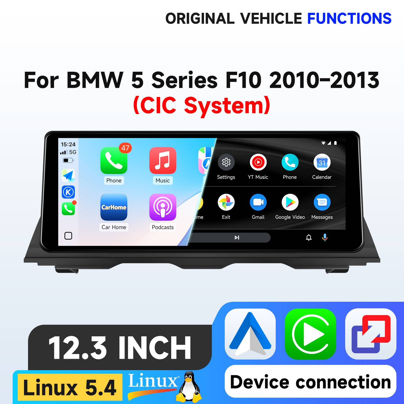 Hizpo Linux 5.4 System 12.3 inch Car Multimedia Player For BMW 5 Series F10 F11 F12 2010-2013 CIC System Car Intelligent Screen for Wireless Apple Carplay Android Auto Radio GPS Navigation Stereo