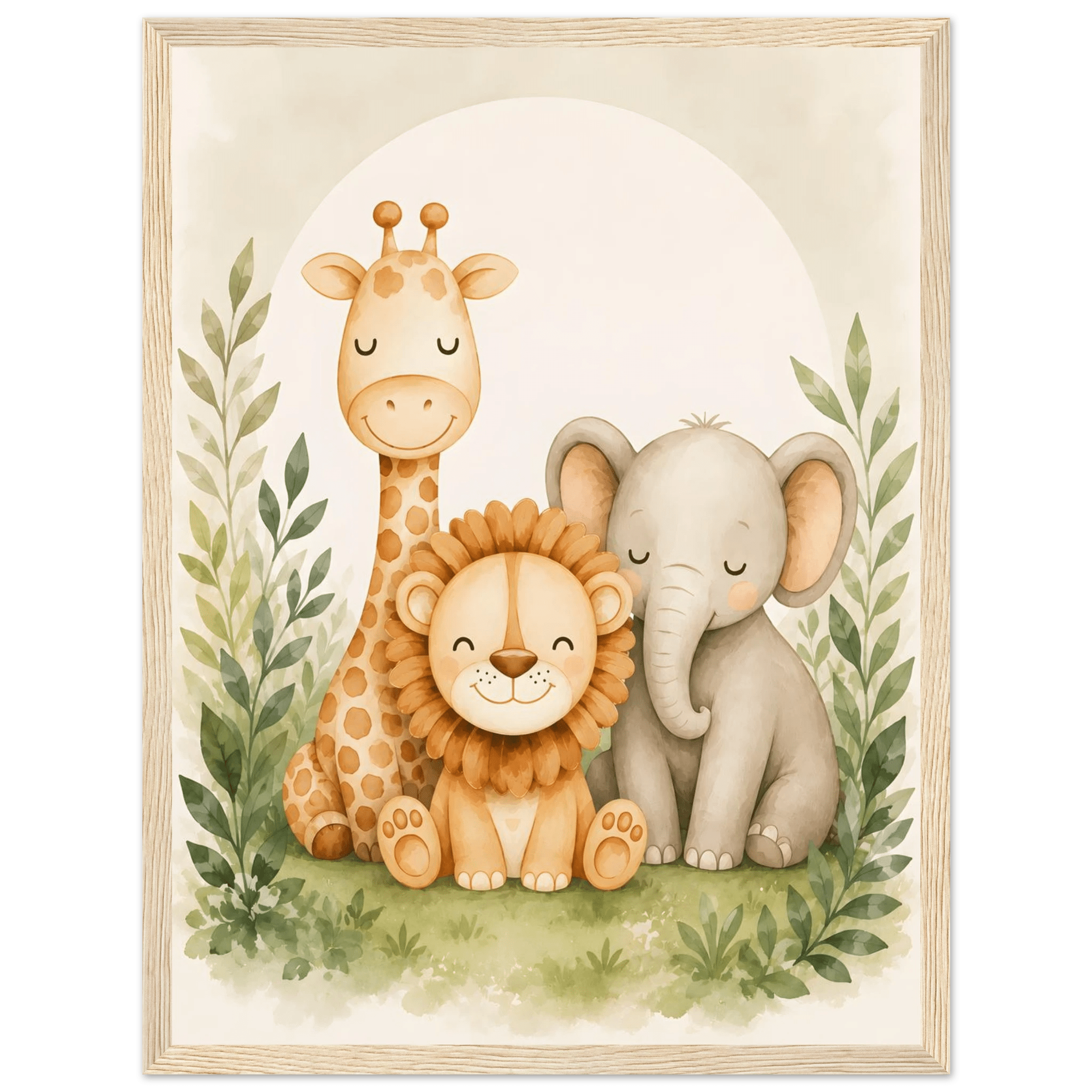 Lejon, elefant giraff poster-30x40 cm / 12x16″ / Med ram / Ljust trä