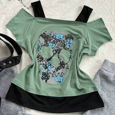 Y2K Colorblock Print Halter Neck T-Shirt For Women - Multicolor - L,M,S,XL,XS