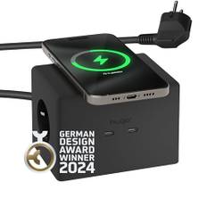 Brennenstuhl hugo! ONE Steckdosenwürfel mit USB C 20W PD, Wireless Charger (Steckdosenleiste USB C, Touch-Schalter, induktive Ladestation mit 2m Kabel) deep black