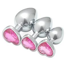 SuperLove Heart Jewel Butt Plugs Training Kit Silver-Pink