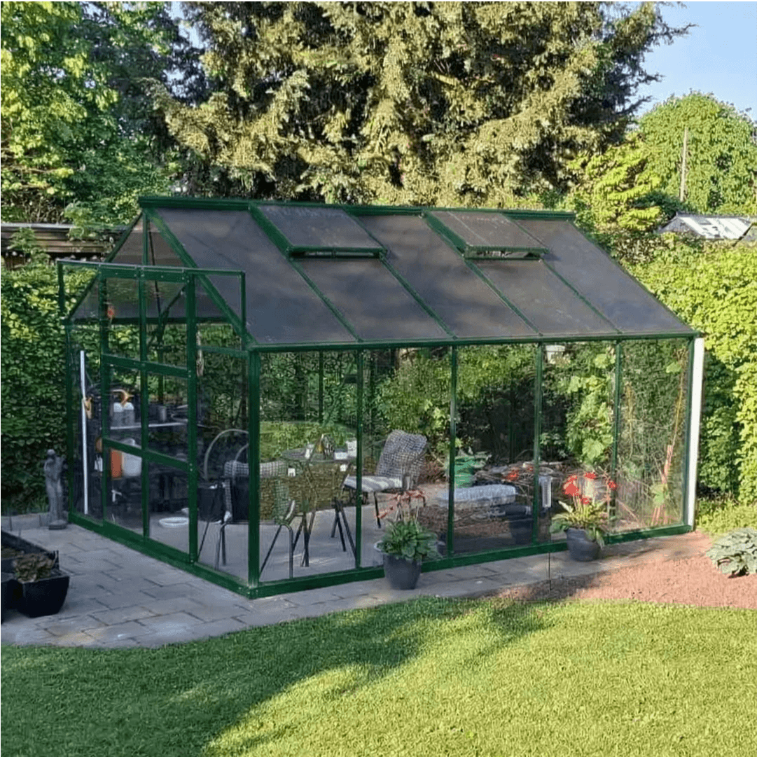Drivhus Solid 10.5 M² - Ral 6009 army grøn / 6 mm. polycarbonat komplet / Ingen sokkel