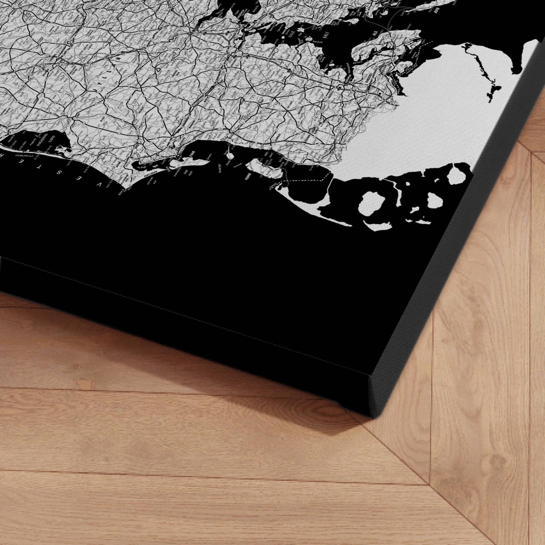 Danmarkskort til Nåle - Black - Lærredstryk - Str: 100 x 100 Cm