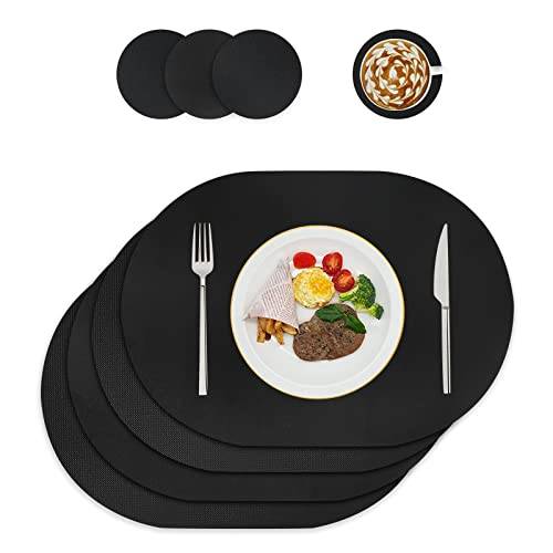 WAKOSAN Bordstabletter och underlägg av läder, tvättbara bordstabletter, bordsdekoration, bordsset tvättbara runda, bordstabletter för kök, matbord, set om 4 (oval, svart)
