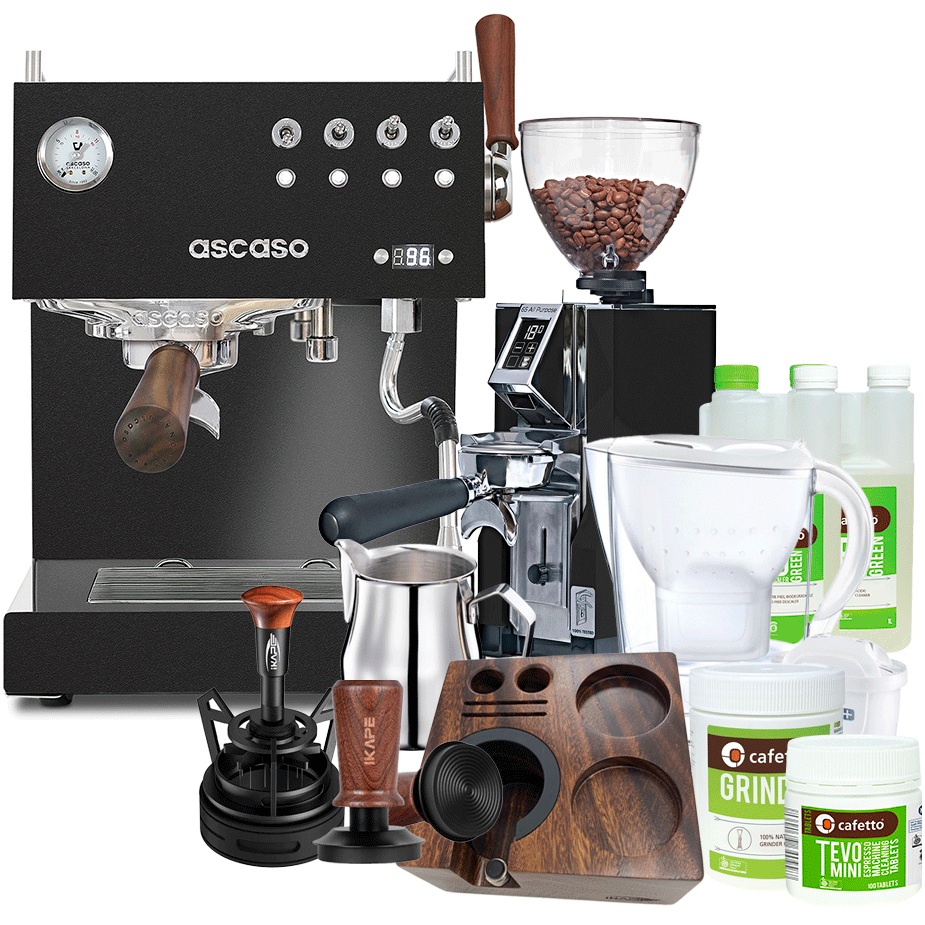 Ascaso Steel Duo Plus Black Espressomaskine Inkl. Eureka Mignon Libra 65 Kværn, Baristaudstyr, BRITA Vandfilterkande & Pleje