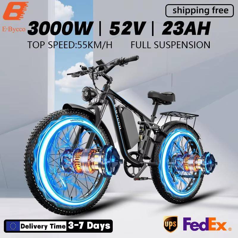 E-BYCCO EB7 Pro Elcykel 3000W Dubbelmotor 52V 23AH 26*4,0 Tum Fatdäck Elektrisk Cykel Terräng Hydraulisk Broms Elcykel