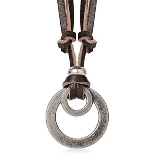 Brun læderhalskæde med ringe