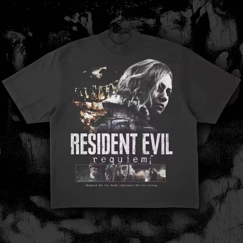 Resident Evil Requiem Överlevnadsskräck-tema Sliten T-shirt: Apokalyptisk Atmosfär IP Merch Design T-shirt cm black