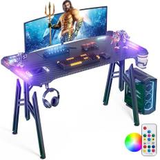 YRHome Gaming skrivbord ergonomisk Bureau gaming med LED svart bord gaming PC-bord med kolfiberbeläggning med mugghållare och hörlurskrok 120 x 60 x 73 cm M ben
