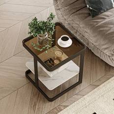 Minimalistiskt sidobord, fyrkantigt litet soffbord för vardagsrummet, nattduksbord för sovrummet, metallstomme med härdat glasskiva, dubbellagers sido - Multifärgad (Multi-size)