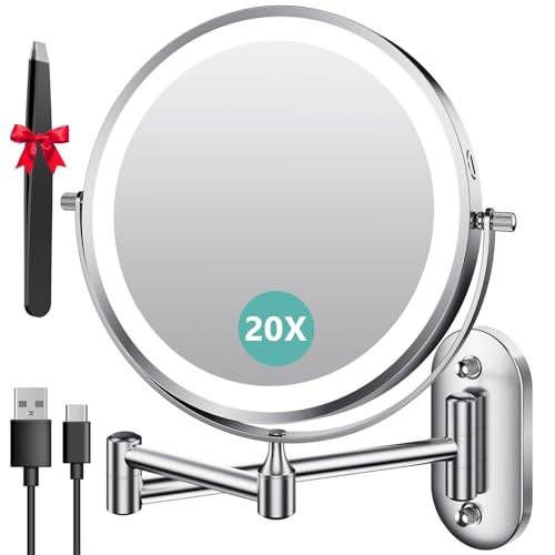 Auxmir Kosmetikspiegel mit Beleuchtung, 1X/20X Wiederaufladbar Schminkspiegel, 3200mAh Rasierspiegel Wandmontage, Dimmbar Vergrößerungsspiegel mit 3 Lichtfarben, 360° Drehbar für Badezimmer und Hotel