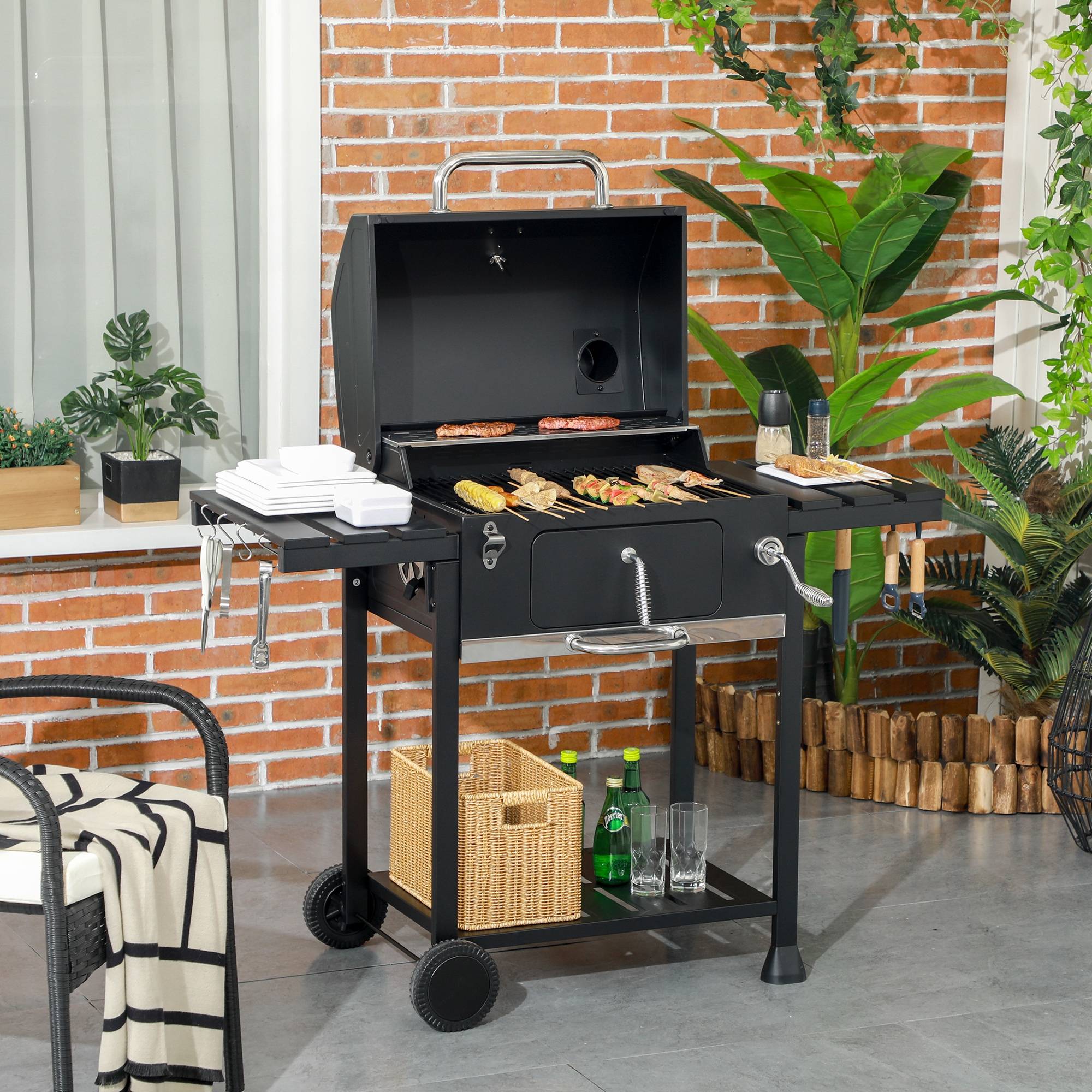 Kulgrill campinggrill med to grillriste, foldbare sidehylder, grillvogn med hylde og håndtag, rustfrit stål sort