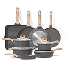 JEETEE Essentiellt grytset 23 delar, non-stick granitgryta och stekpanneset, kastrullset induktion, kastrullset med lock, stekpanna, gryta, grillpanna, kastrull och crêpepanna, grå