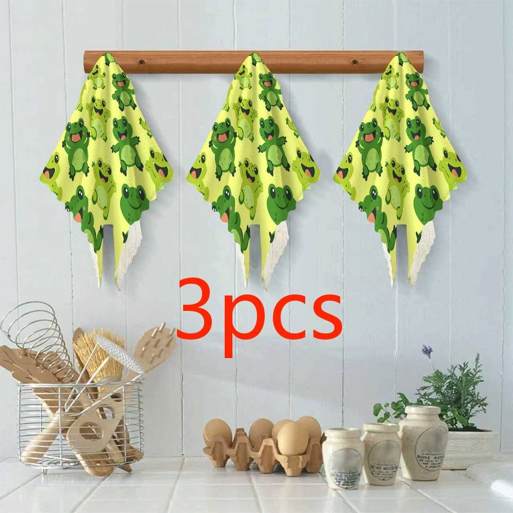 3/6pcs Green Frog Reusable Cleaning Cloths, Soft Scouring Pads, Dish Towels, Suitable For Room Tableware Cleaning, Cafe Counter Wiping, Car Cloth, And Travel Hand Towel