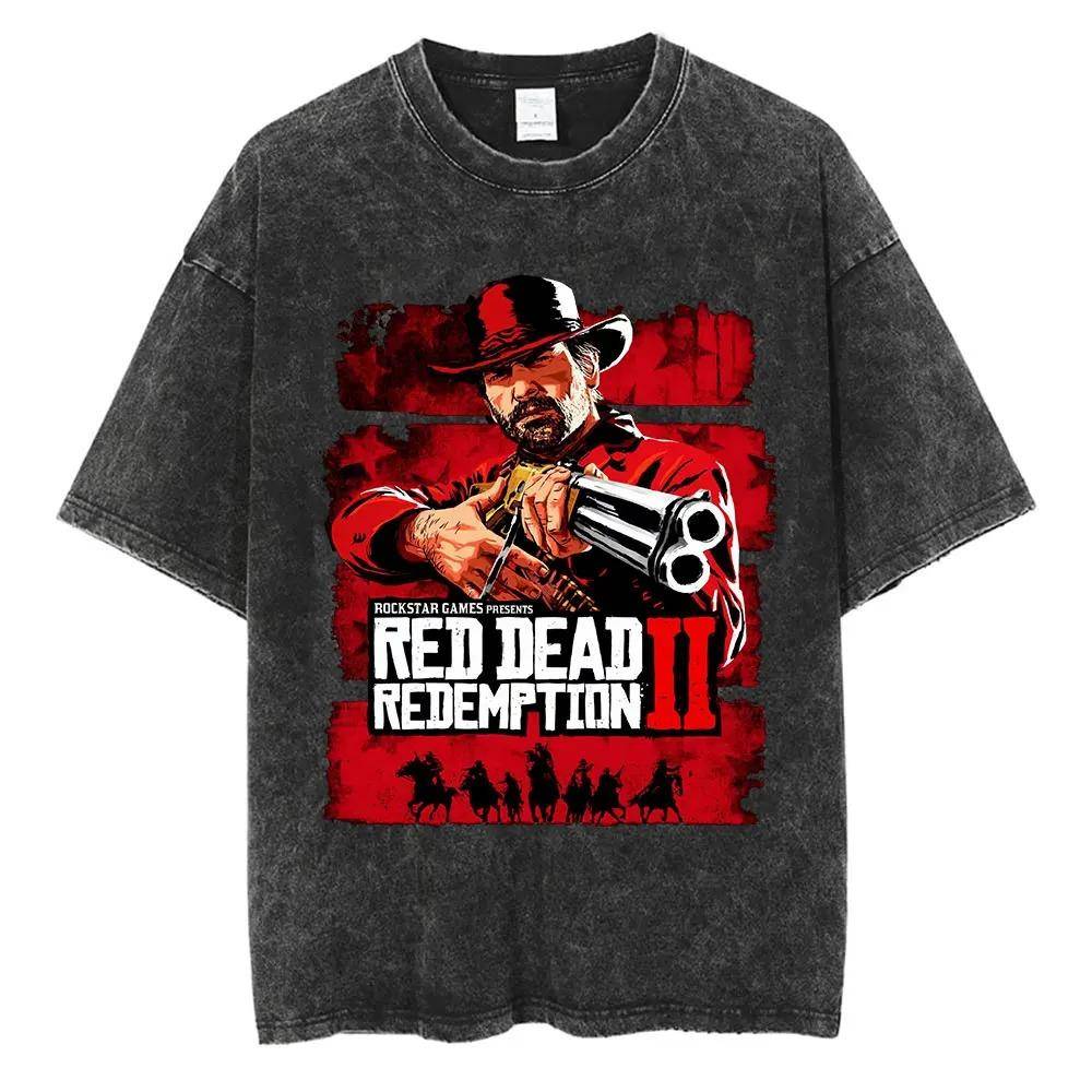 2026 Kortärmad Rundhalsad Y2k T-shirt Unisex Kläder Ny i Topp T-shirts T-shirt Spelare Red Dead Redemption 2 Vintage Tvättad cm black