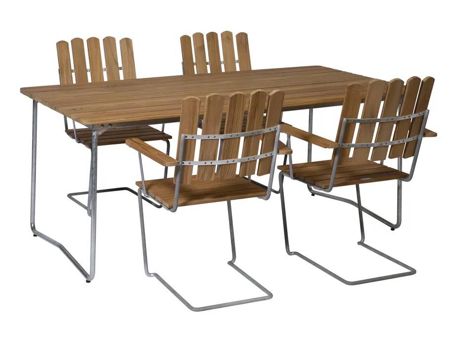 Grythyttan Stålmöbler B31 matgrupp Teak/galvat 4 fåtöljer & bord 170 x 92 cm